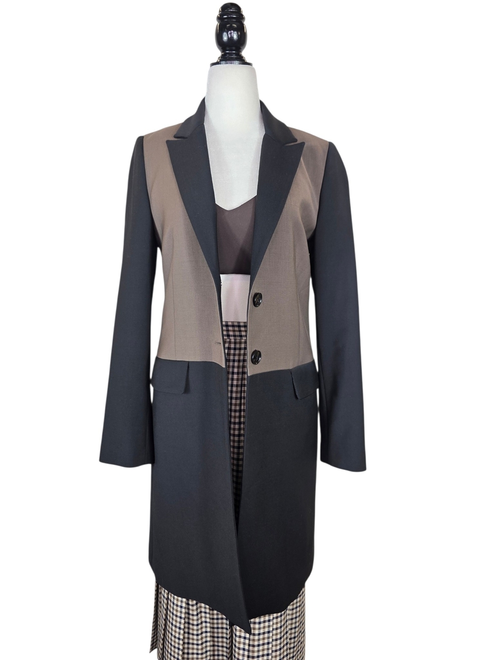 Judith & Charles Wool Two-Tone Black and Taupe Longline Women's Blazer Coat